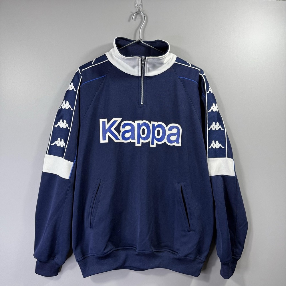 Kappa Track Jacket Mens Large Blue 1/4 Zip Big Logo Tape Soccer Pullover